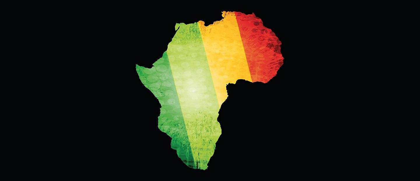 一张红、黄、绿三色的非洲地图，背景是黑色的. 